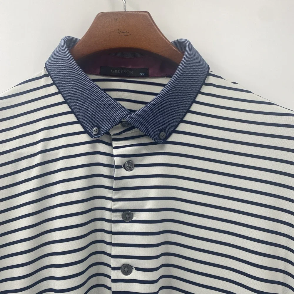 Greyson Polo Shirt Men's XXL White Navy Striped Performance Golf Rugby Stretch - Picture 2 of 9